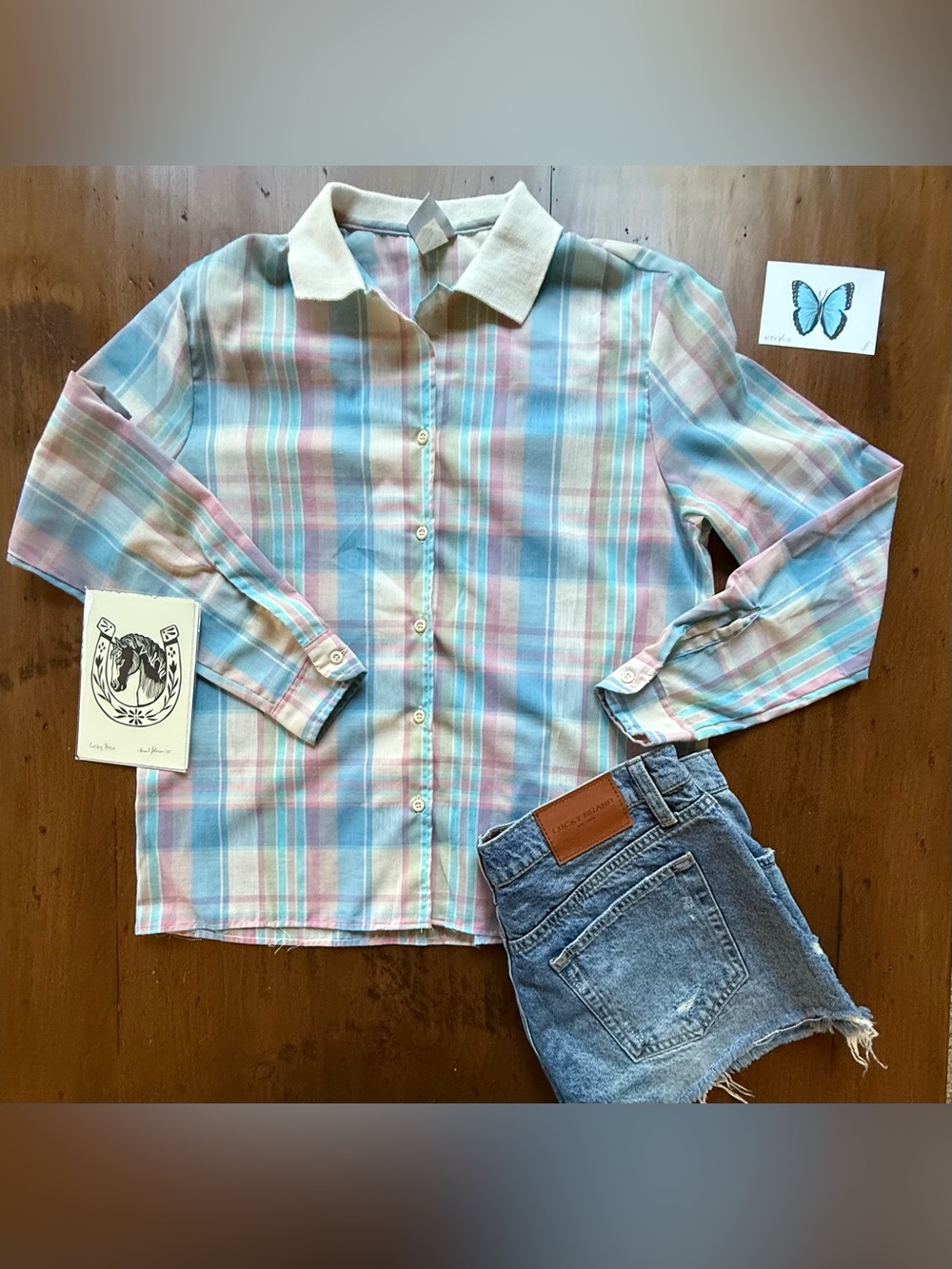 Rodeo Western Horse Girl Pastel Plaid Button-Down Shirt in Pink, Blue, Cream